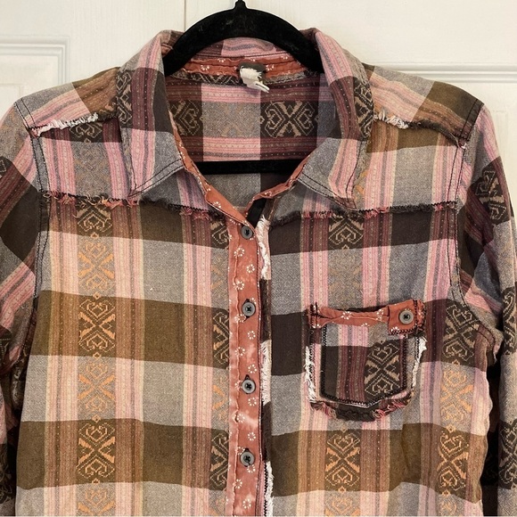 Free People Patchwork Plaid Button Down Long Sleeve Top Medium - Picture 2 of 7